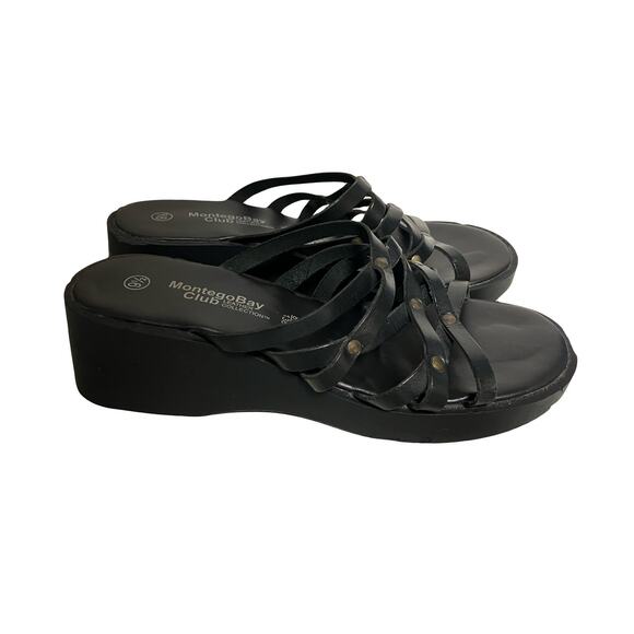 Y2K Montego Bay Club Sandal 9.5 Black Leather Strappy Chunky VTG Wedge Platform - Picture 7 of 7